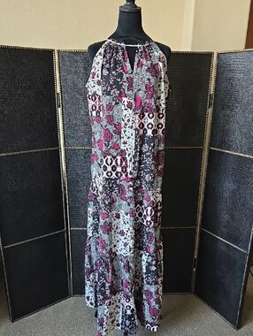 INC International Concepts Black and Pink Patchwork Halter Maxi Dress